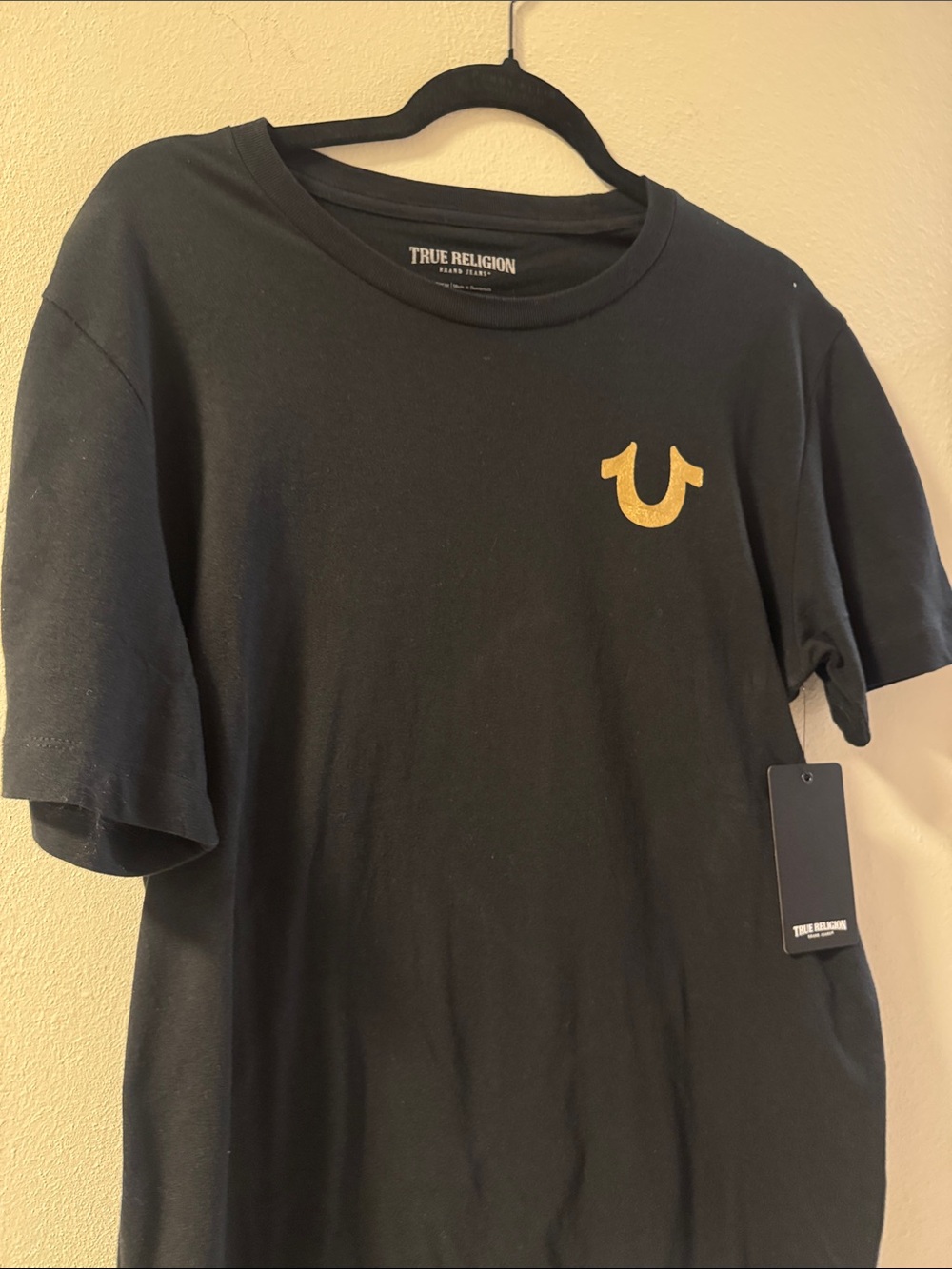 True Religion Black Tee with Gold Horseshoe Logo